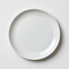 A simple, off-white, round plate sits centered on a plain white background; subtly glossy finish