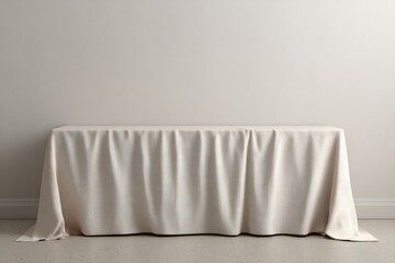A simple off-white tablecloth drapes a low rectangular table against a stark white wall, creating a minimalist, clean aesthetic