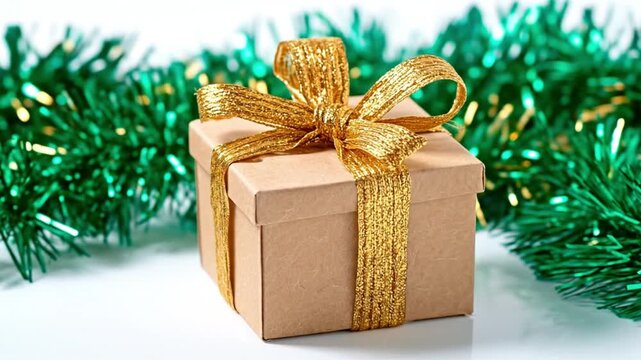 A gift wrapped in a gold ribbon with a bow sits amidst green tinsel