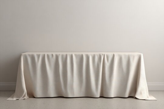 A simple off-white tablecloth drapes a low rectangular table against a stark white wall, creating a minimalist, clean aesthetic
