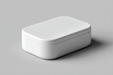 A simple, rectangular, white tin box with rounded edges sits on a light grey background, casting a subtle shadow.  The lid is closed