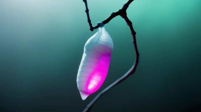 Pink-lit chrysalis sways on dark branch in teal light