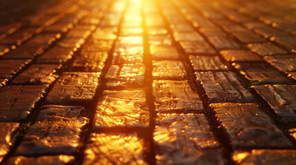 A serene cobblestone pathway through a sunlit forest, glowing with warm golden rays filtering through trees, creating a peaceful, enchanting atmosphere filled with nature&rsquo;s beauty, tranquility, and ma