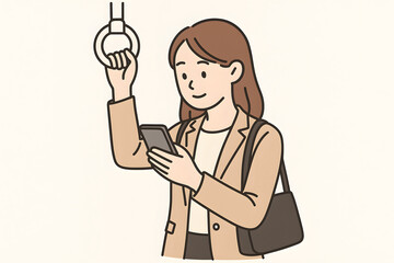 Subway Commute with Phone: A woman, navigating her daily travel, engages with her smartphone while utilizing the hand strap for stability during her subway journey.