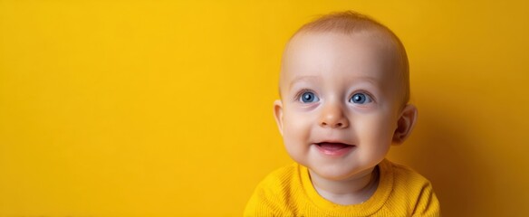 The adorable baby with bright blue eyes and a cheerful smile against a yellow backdrop.