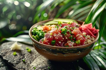vibrant color picture of Vercion of Hawaiian tuna poke bowl with quinoa tropical background