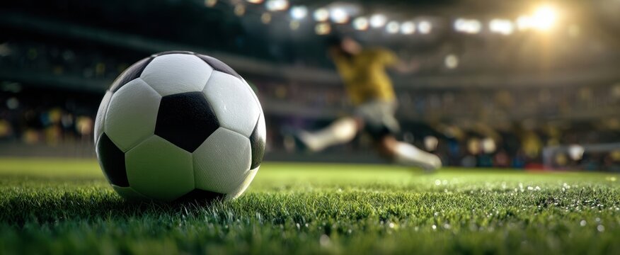 The soccer ball resting on the field during an exciting match atmosphere.