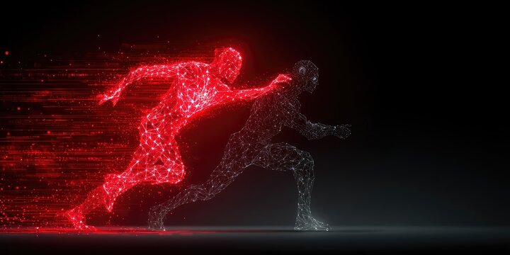 The Digital Battlefield of Red Code and Data Streams - A visually stunning scene of a hacker made of intense red code, launching attacks at an AI avatar, with vibrant data streams