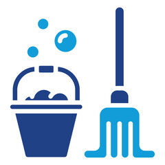 Cleaning Tools Glyph Blue Silhouette Icon Design Vector - Bucket with bubbles and mop symbolizing cleaning, sanitizing, and household chores