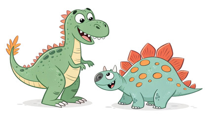 Cartoon dinosaurs with floral clipart, children’s T-Rex and Stegosaurus illustration. Isolated transparent background.
