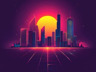 Retro Futuristic Cityscape with Neon Grid and Sunset Abstract Horizon for Cyberpunk and Synthwave Background