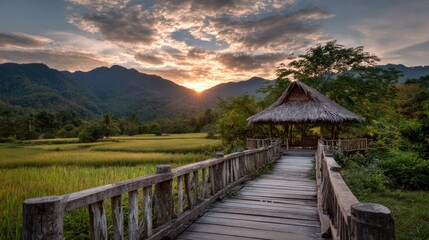 Obraz premium Wooden bridge leading to a hut in a rice paddy field, set against mountains under a cloudy sunset sky