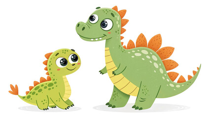 Obraz premium Kids illustration of dinosaurs with flowers and leaves, T-Rex and Stegosaurus cartoon vector. Isolated transparent background.