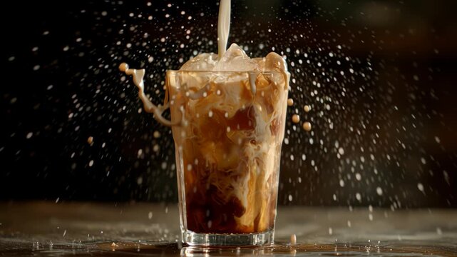 Super Slow Motion Shot of Pouring Milk into Ice Coffee , Filmed on High Speed Cinematic Camera