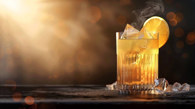 A refreshing iced beverage in a clear glass filled with crushed ice, layered with golden and red hues, topped with a lemon slice, symbolizing coolness, summer delight, and vibrant refreshment.