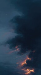 Dramatic sky filled with dark, billowing clouds, tinged with golden light on the horizon, creates a moody and atmospheric scenic vista