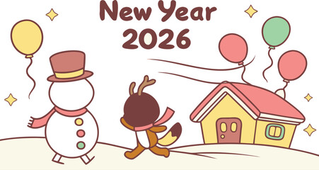 Cute cartoon style illustration celebrating the new year of 2026 with festive elements and vibrant colors