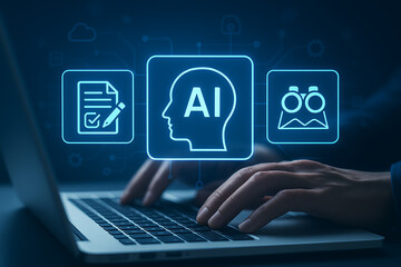 artificial intelligence and business solution with hand typing on a laptop computer with ai head and document icons in a modern digital network