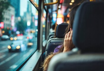 young woman riding the bus in the city