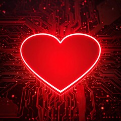 A glowing red heart on a circuit board