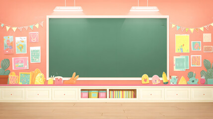 Colorful Illustration of an Empty and Welcoming Elementary School Classroom.