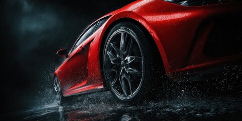 The sleek red sports car cutting through rain-soaked streets with stunning elegance
