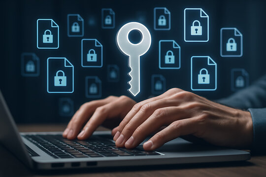 data protection and privacy security concept with a giant key icon and locked document icons hovering above a person typing on a laptop in a network