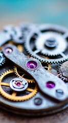Detailed macro shot of intricate watch gears, revealing gold, silver, and purple jewels, set against a blurred background