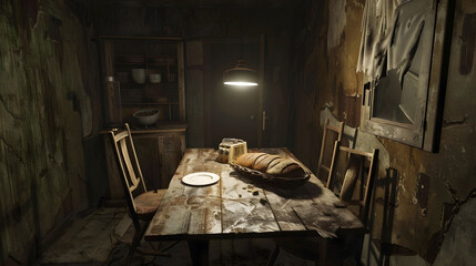 Eerie and atmospheric scene of a dark, abandoned room with a single light source.