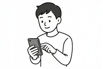 Man Using Smartphone: A modern illustration showcases a man engrossed with his smartphone, tapping the screen with a focused expression in a simplistic outline.