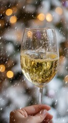 Hand holds a glass of pale liquid against a snowy backdrop with blurry golden lights