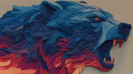 Obraz premium Layered Paper Art Bear Head in Blue and Red Tones