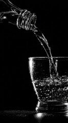 Water pours from a glass bottle into a clear glass, isolated against a stark black background, highlighting the movement and clarity of the liquid