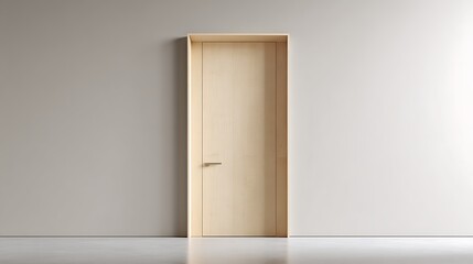 warm birch door with minimal jambs, flush surface, concealed hinges with neutral backdrop.