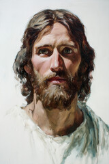 Oil painting portrait of Jesus Christ with emotional expression on white background