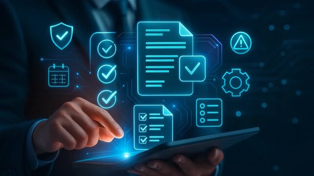 Neon Hand Tablet Documents Checkmarks Shields Calendar Video Thumbnail Display