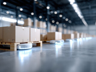 Autonomous mobile robots transporting cardboard boxes in modern warehouse