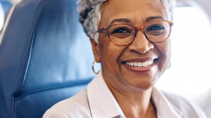 Happy woman airplane seat - Powered by Adobe