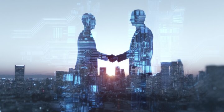 Futuristic business handshake, with glowing digital elements and AI interfaces projected around their hands, as a modern city skyline lights up in the background.