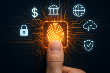 Cyber security and biometric data authentication concept with a person's finger scanning a glowing fingerprint on a digital circuit board