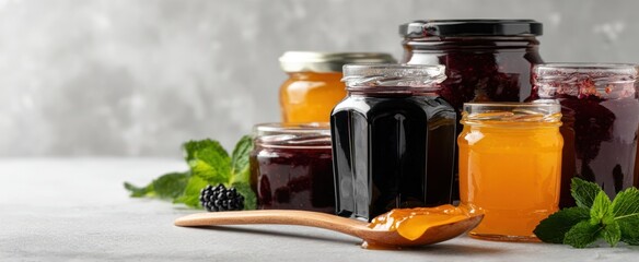 The assortment of colorful jams and jellies in glass jars on a kitchen counter.