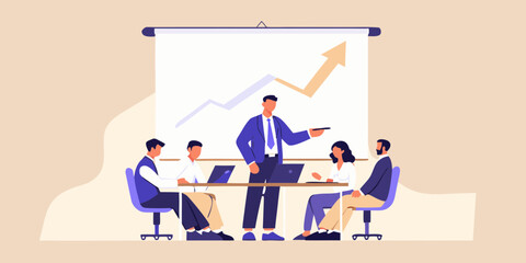 Business meeting with team presenting growth chart on whiteboard during corporate presentation