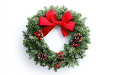 Christmas Wreath,Red Ribbon Bow,Isolated on White Background,Clipping Path