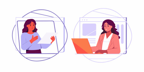 Two women collaborating remotely one reviewing documents and the other working on a laptop