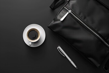 Clear Pixel Image of a Black Bag with a White Pen Next to it and a Cup of Coffee