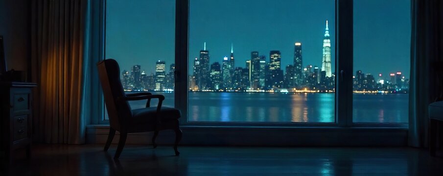 An empty chair sits beside a dimly lit window, overlooking a cityscape at night, conveying a profound sense of solitude and isolation in the final chapter of life , grief, aged