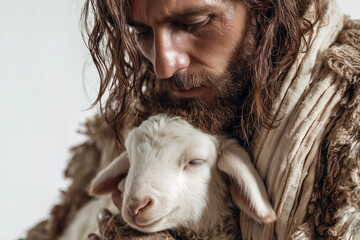 Realistic portrait of Jesus Christ gently holding a lamb