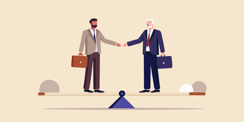 Two businessmen shaking hands on a balanced scale representing equal partnership and successful negotiation