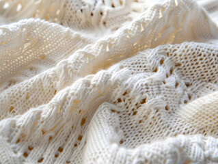 Macro Texture of a Cozy and Warm White Cable-Knit Wool Sweater or Blanket.
