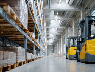 Forklifts waiting in distribution warehouse with goods on pallets